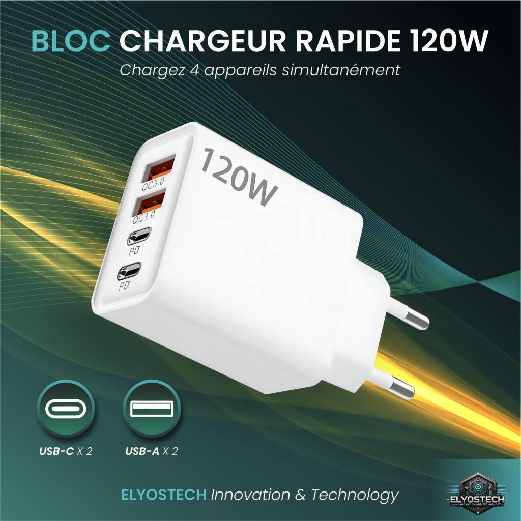chargeur RAPIDE  120 W 4 ports
